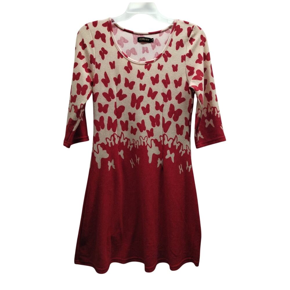 Reborn Women's Size Medium Red Butterfly 3/4 Sleeves Acrylic Sweater Dress